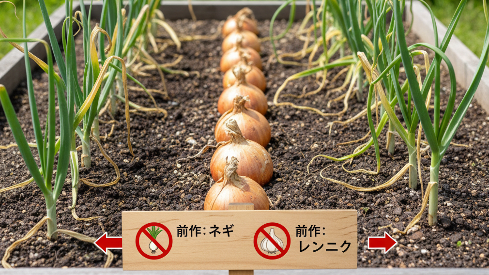 【タマネギと相性の悪い前作（ネギ・ニンニク）を示す写真】