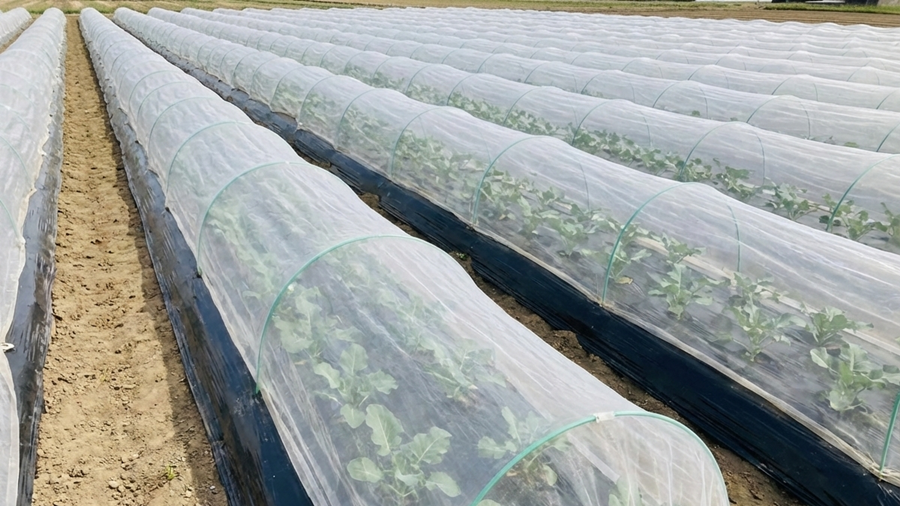 【防虫ネットがかかったブロッコリー畑の全景】