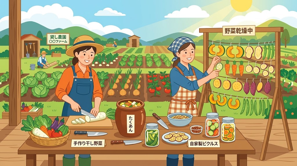 収穫した野菜を使って乾燥野菜や漬物を作っている様子の写真風イラスト