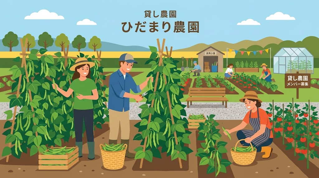畑でインゲン豆を収穫している様子の写真風イラスト