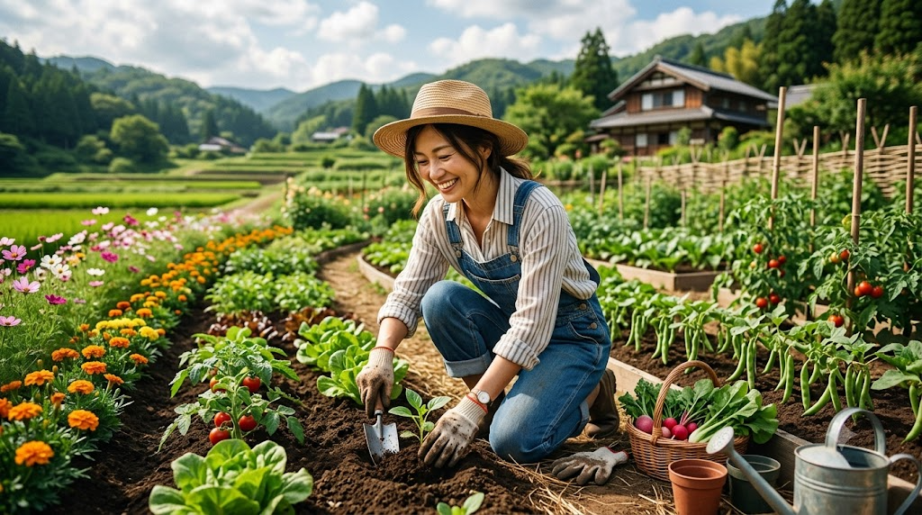 女性が一人で畑作業を楽しんでいる様子の写真風イラスト