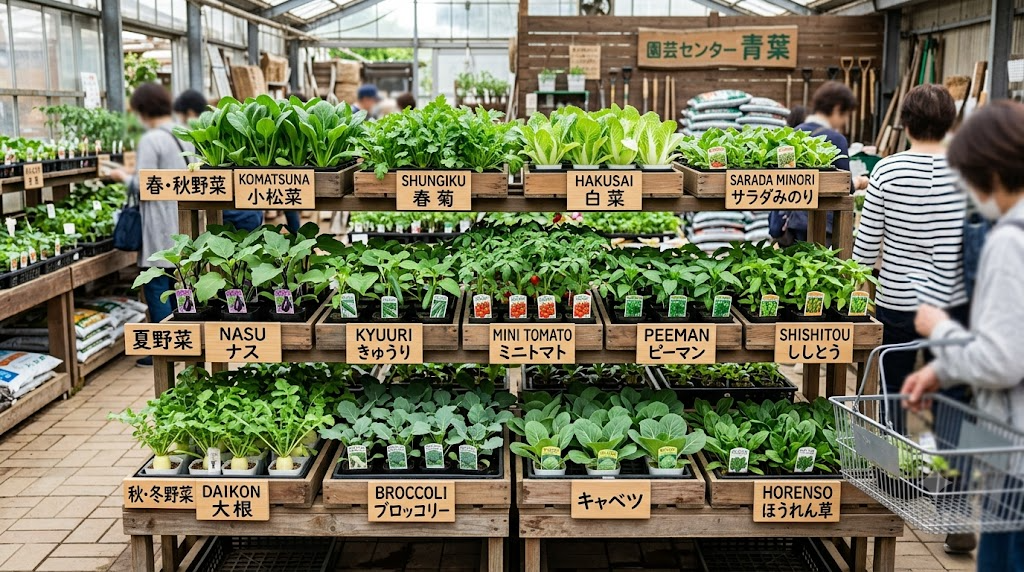 季節ごとの野菜苗が並んでいる様子の写真風イラスト