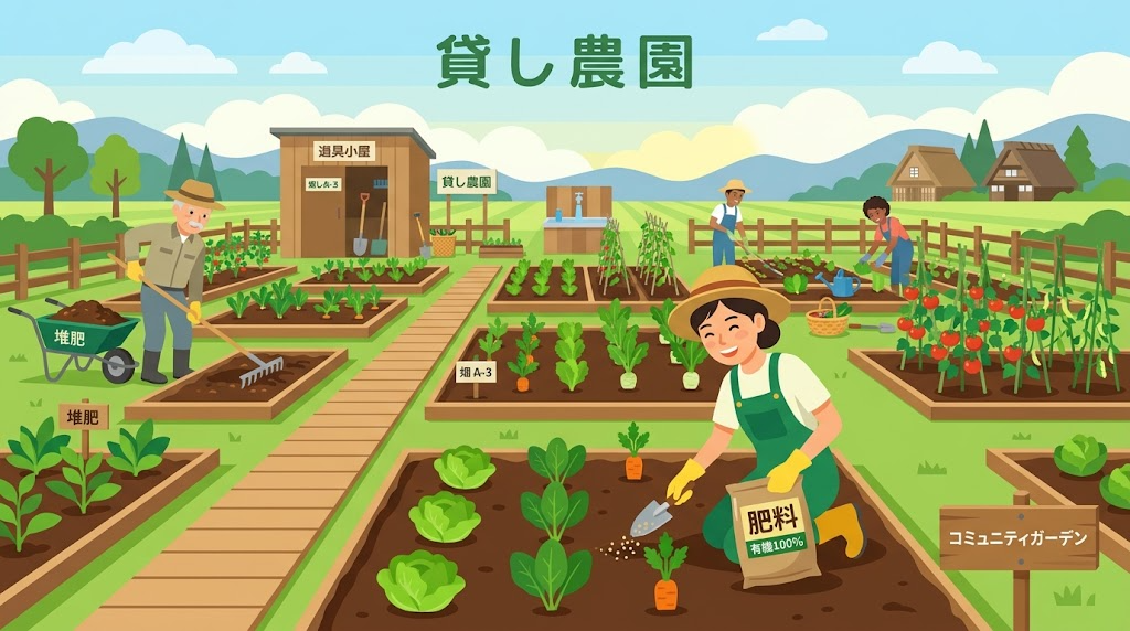 畑で肥料を施している様子の写真風イラスト