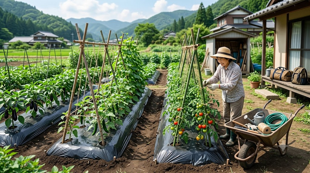 夏の畑にマルチと支柱を施し、旅行前の準備をしている様子の写真風イラスト