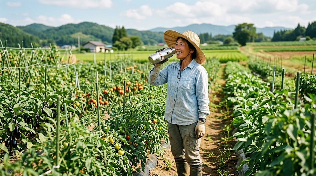 畑で帽子をかぶり水分補給をしている様子の写真風イラスト