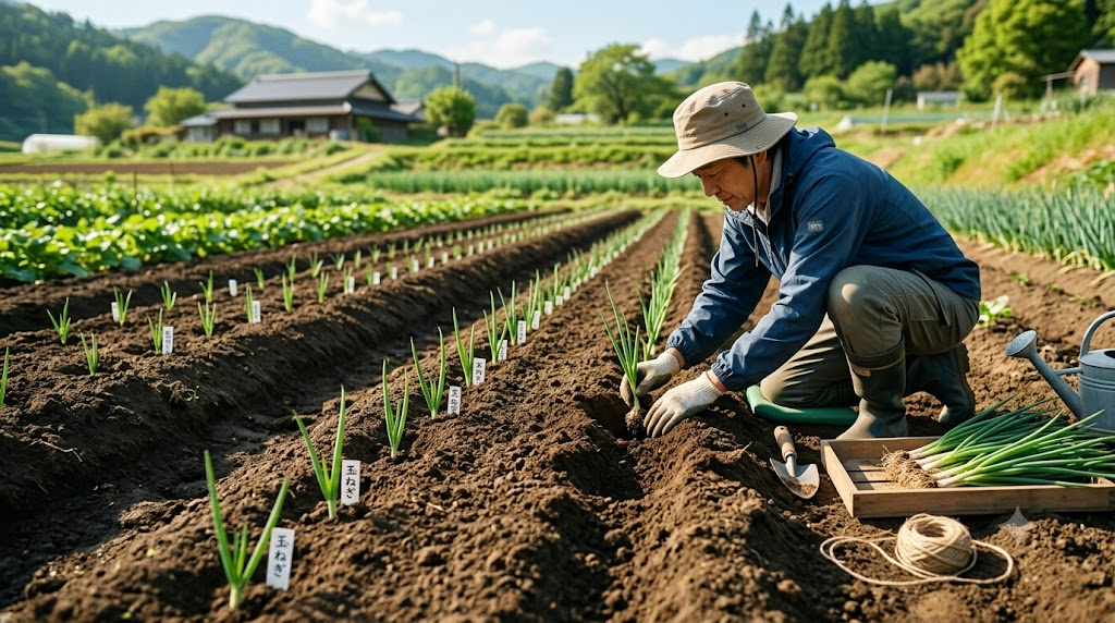 玉ねぎの苗を等間隔で丁寧に植え付けている様子の写真風イラスト