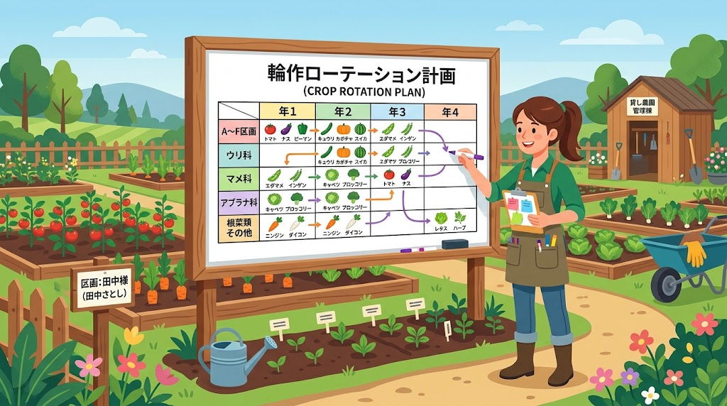 畑の輪作ローテーションを計画している様子