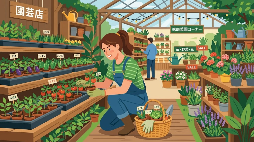 園芸店で苗を選んでいる様子の写真風イラスト