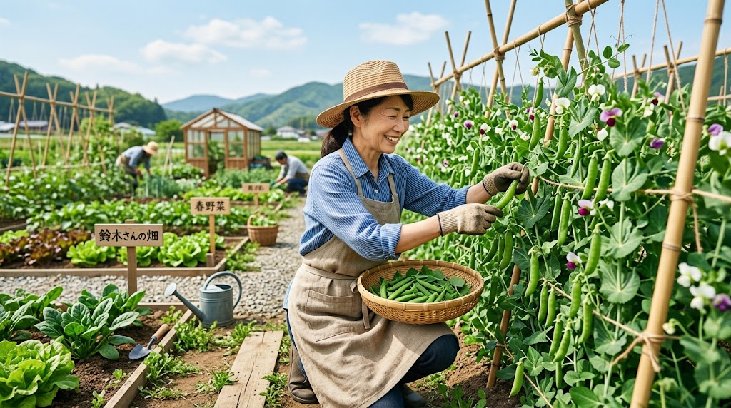 畑でさやえんどうを収穫している様子の写真風イラスト