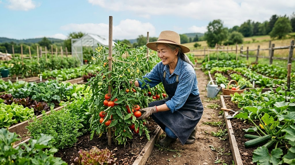 野菜の株を確認している農園主の写真風イラスト