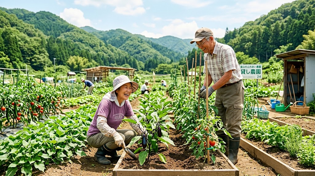 里山の麓にある貸し農園で、高齢の男女が笑顔で野菜の手入れをしている様子